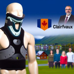 Mannequin médical avec collier cervical, drapeau canadien et personnes en arrière-plan.