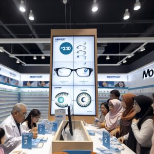 Optométriste présentant des lunettes à des clients dans un magasin.
