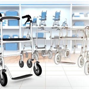 Déambulateurs et fauteuils roulants dans un magasin médical.